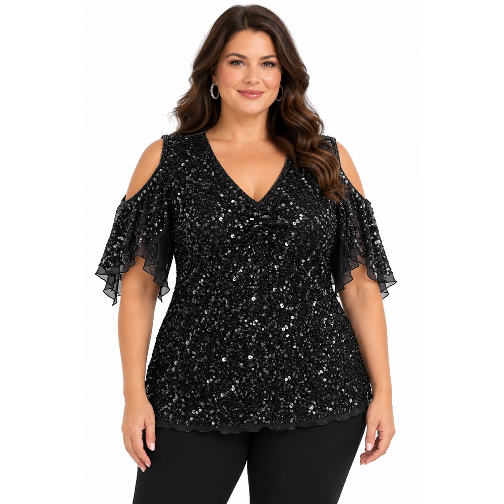 Papell Boutique Evening 2X Black Silk Sequin Beaded Cold Shoulder Blouse Top